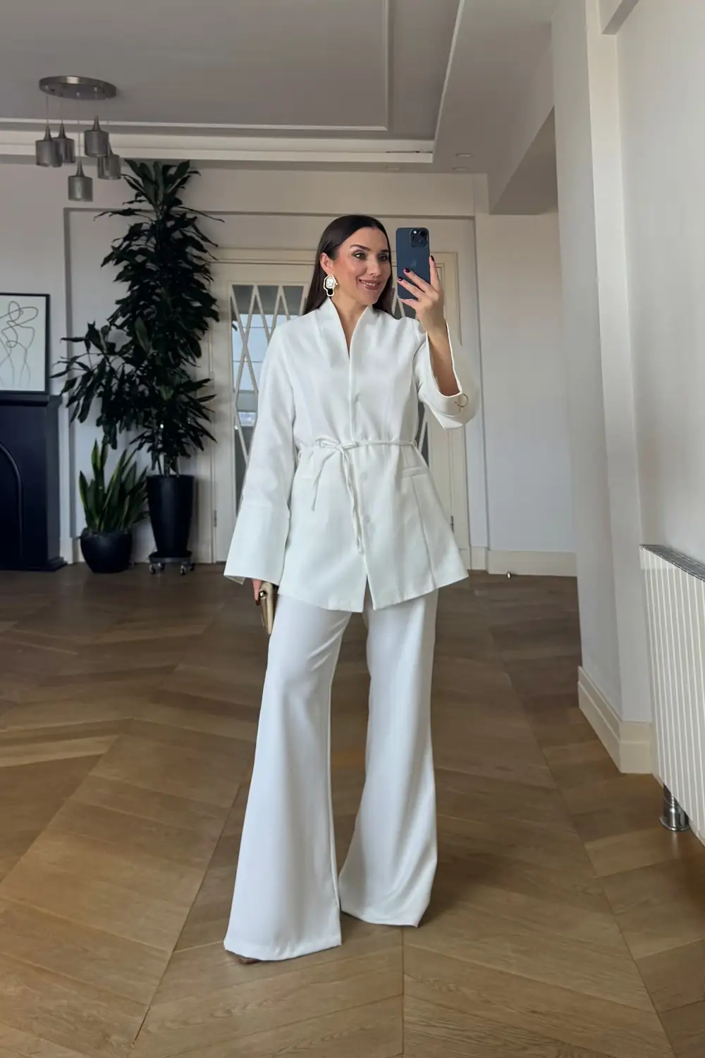 Dik Yaka Blazer Ceket Pantolon Kadın Takım - Beyaz