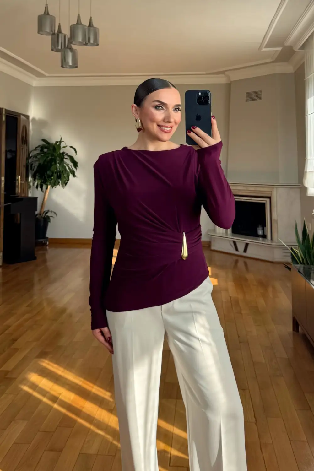 Vatkalı Drape Detaylı Uzun Kollu Bluz - Mürdüm
