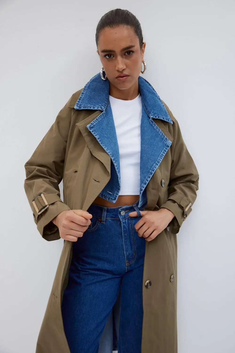 Kruvaze Yaka Denim Detaylı Kadın Trençkot - HAKİ