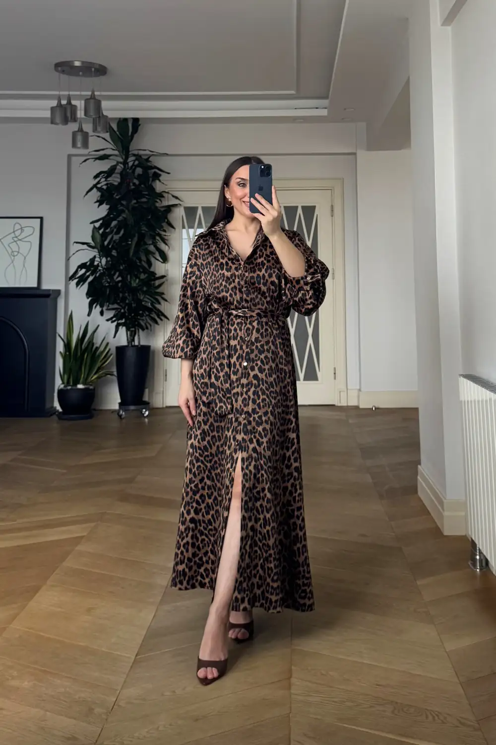 Leopar Desenli Gömlek Elbise 3