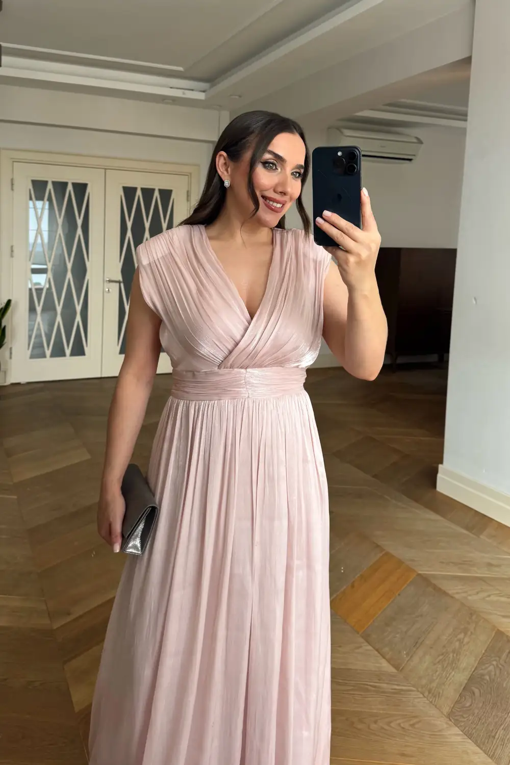 Kruvaze Yaka Sıfır Kol Uzun Elbise - Pudra Pembe