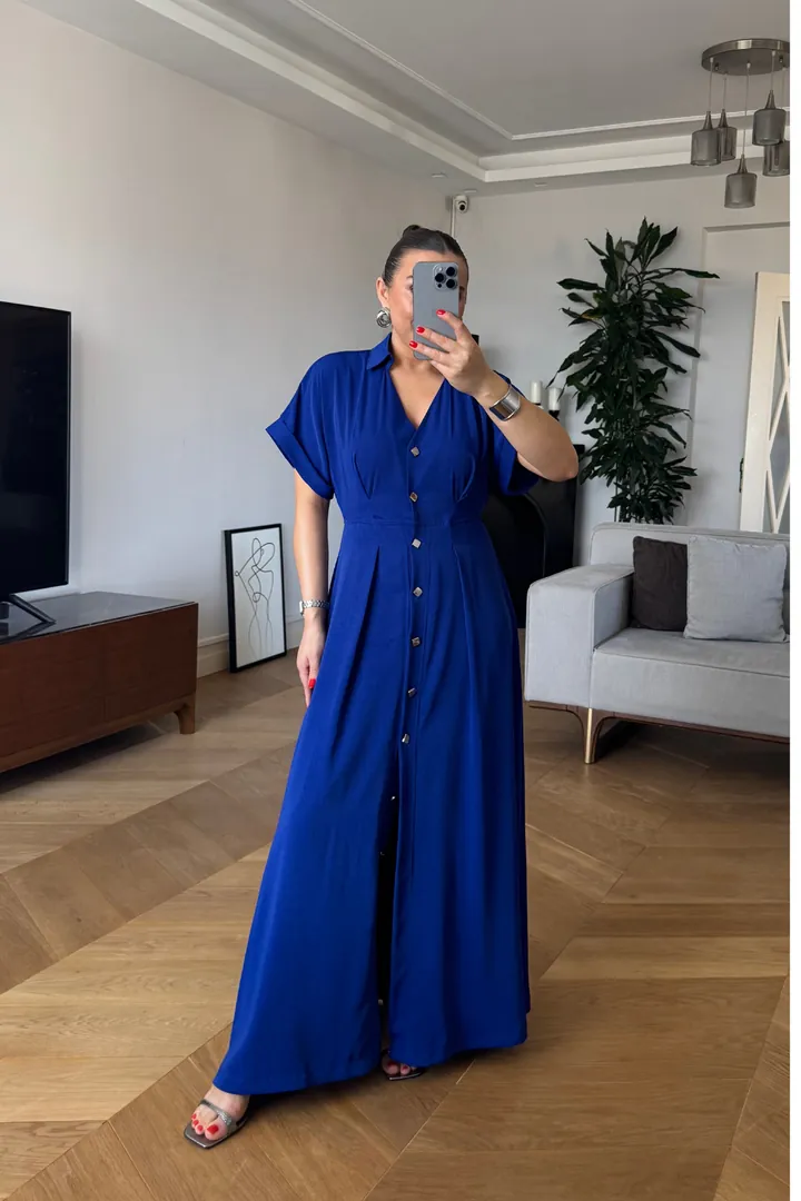 Kısa Kollu Uzun Gömlek Elbise - SAKS MAVİ