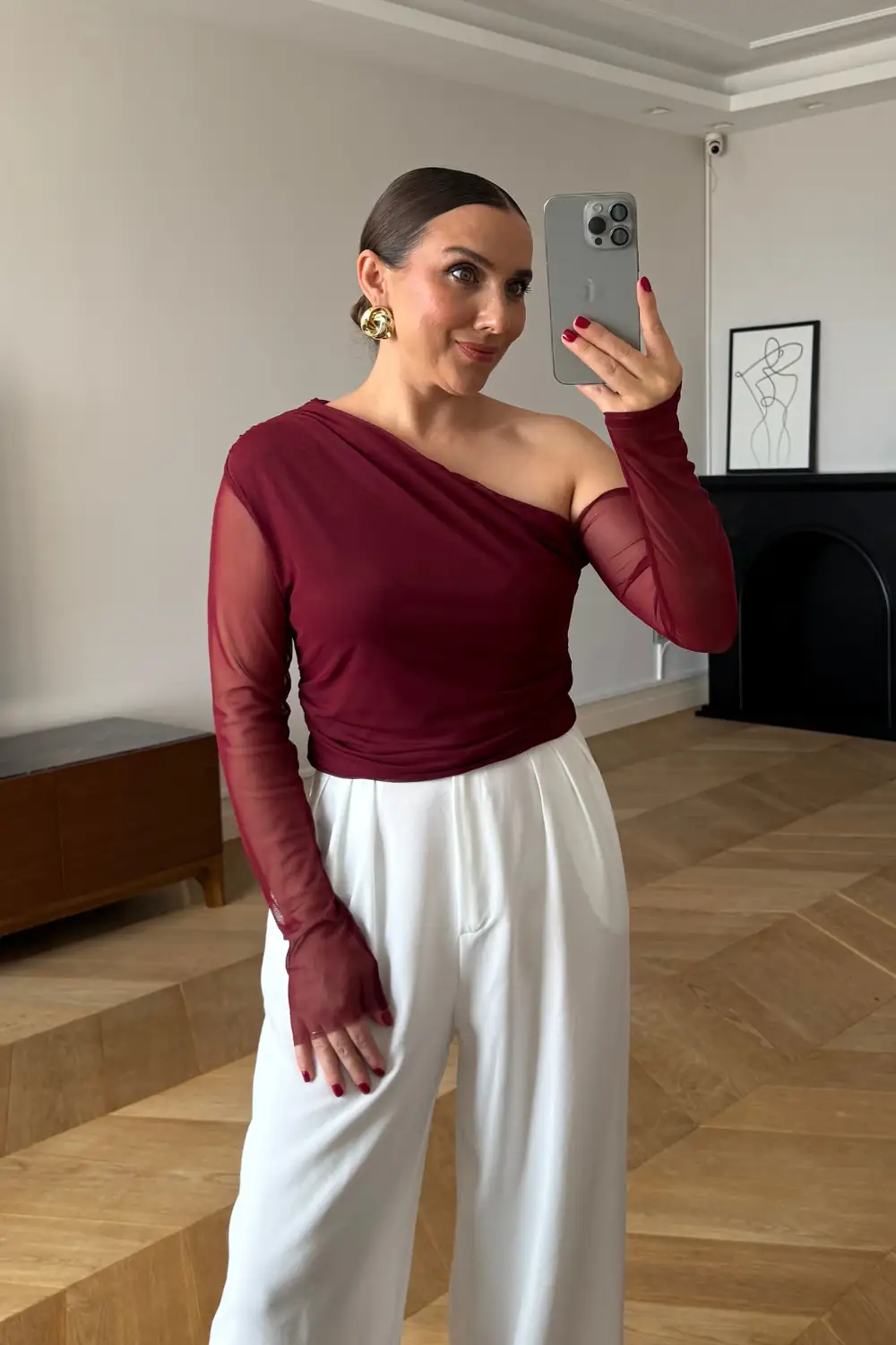 Drapeli Asimetrik Kesim Tül Bluz - BORDO