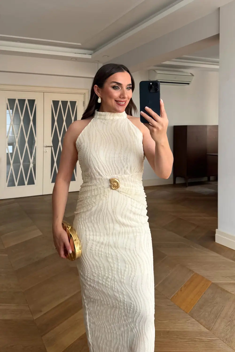 Halter Yaka Bağlamalı Tül Uzun Elbise 2