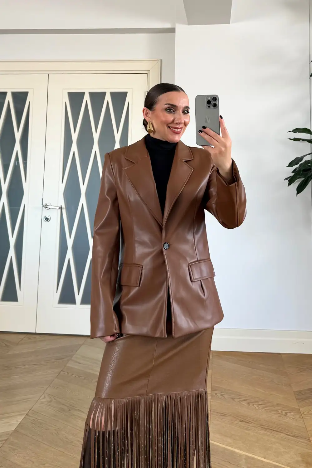 Suni Deri Blazer Kadın Ceket - Taba