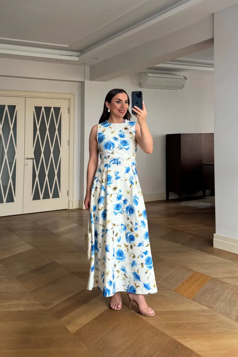 Çiçek Desenli Kemerli Midi Elbise - MAVİ