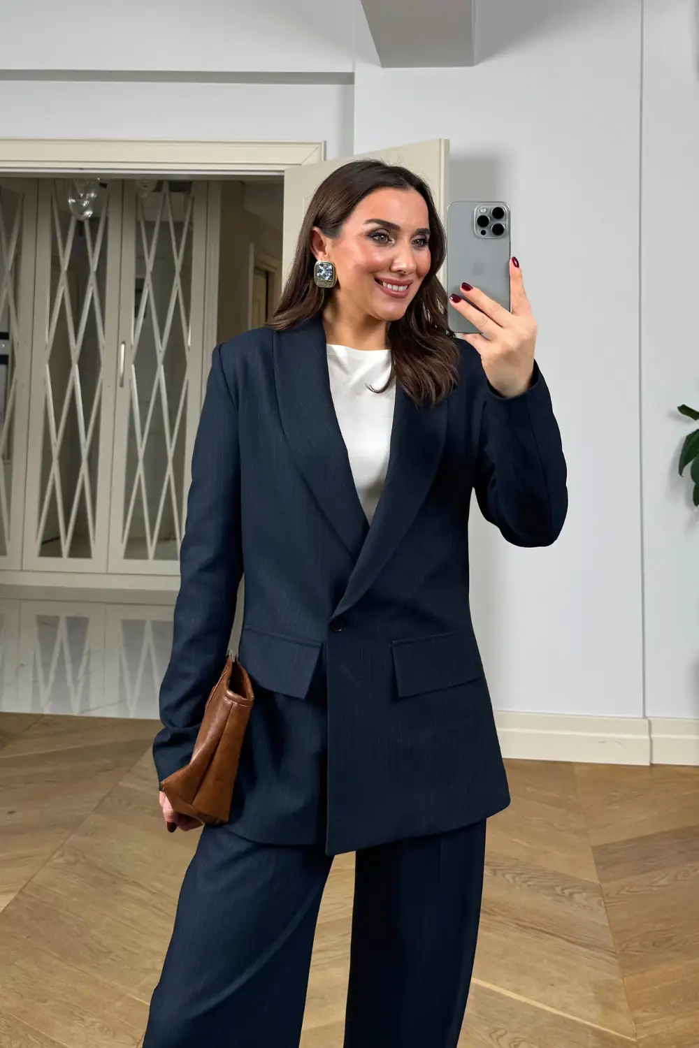 Kruvaze Çizgili Blazer Ceket Pantolon Kadın Takım - Lacivert