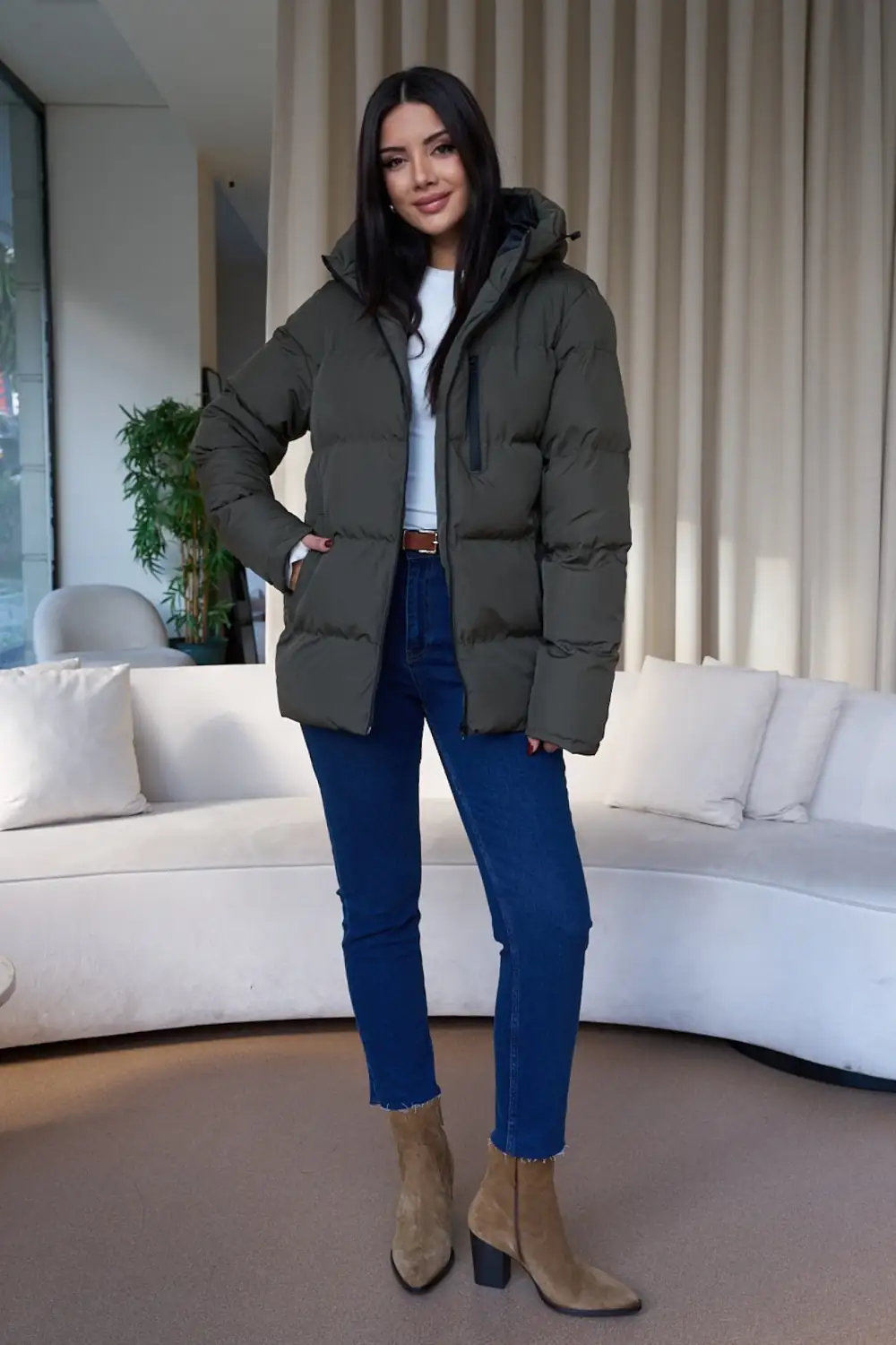Unisex Dik Yaka Kapüşonlu Rüzgar Geçirmez Şişme Mont 6