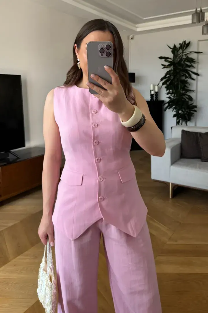 Bisiklet Yaka Keten Karışımlı Kadın Yelek - Pembe