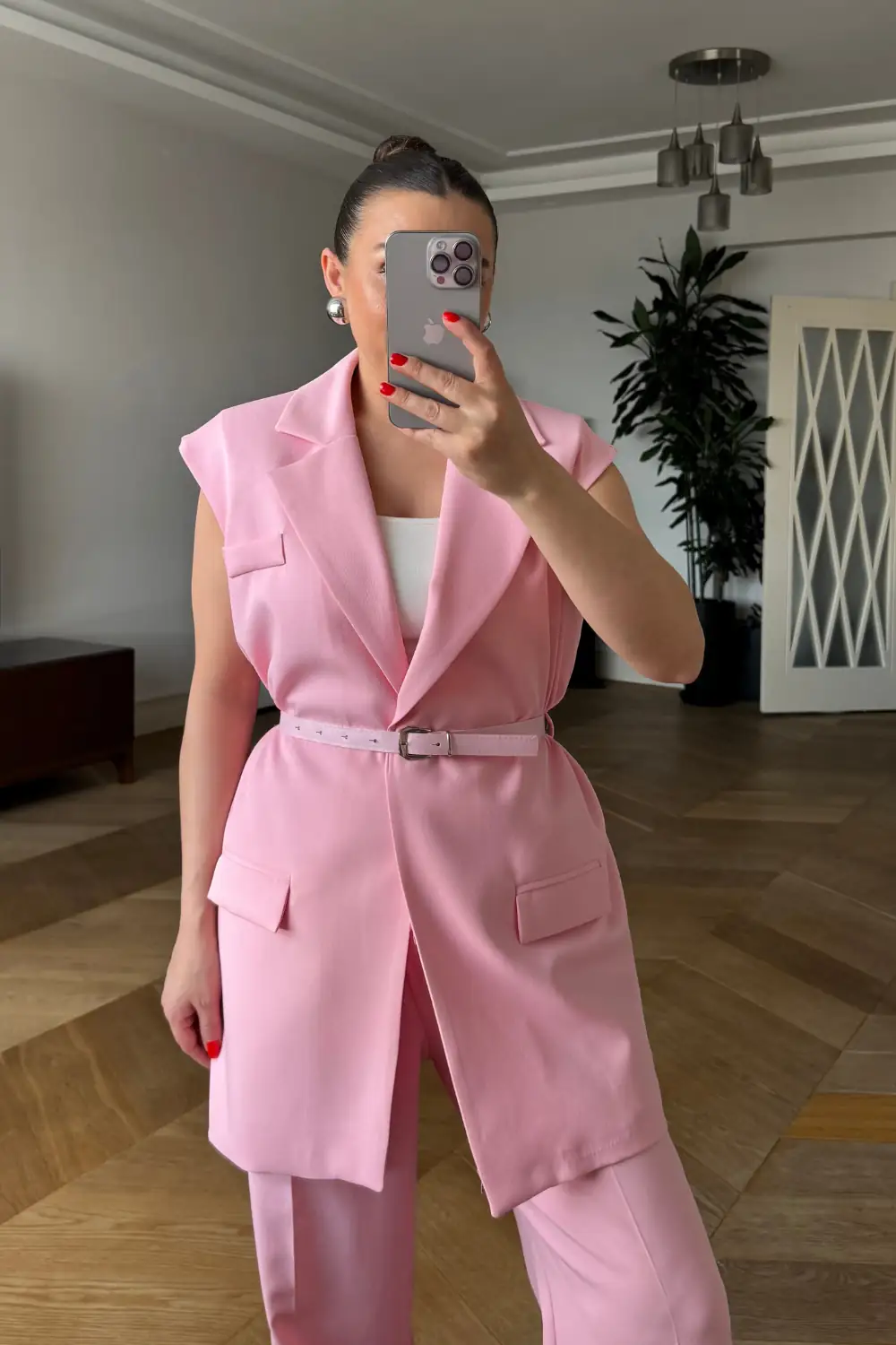 Kemerli Oversize Kadın Yelek - Pembe
