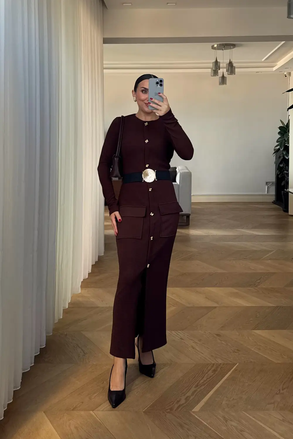 Düğme detaylı Uzun Kollu Elbise 1