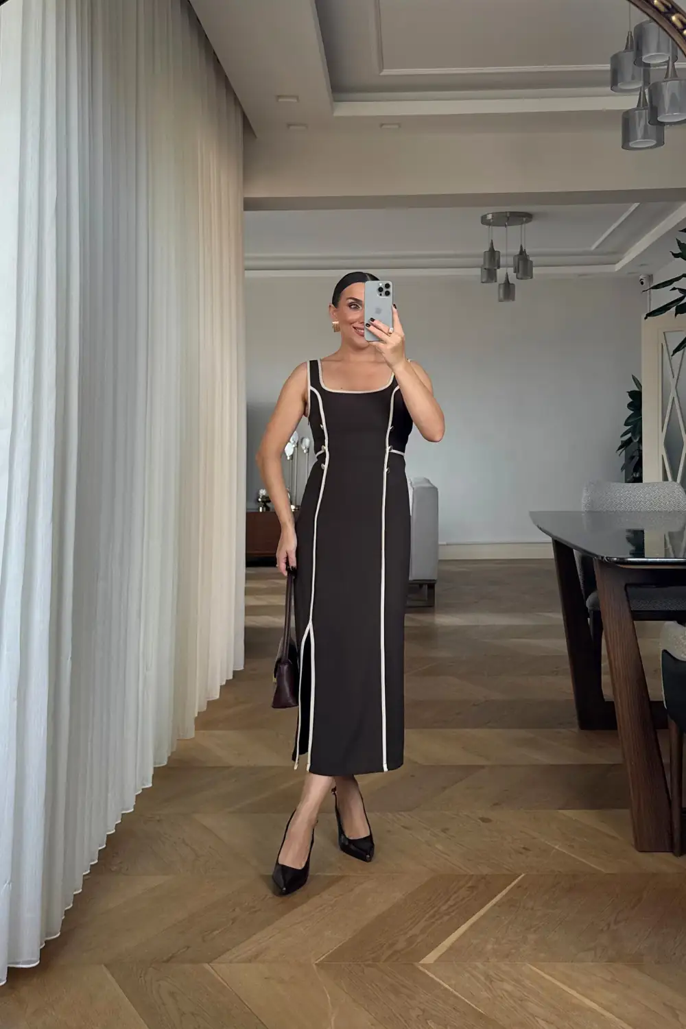 Kalın Askılı Biye Detaylı Midi Elbise 2
