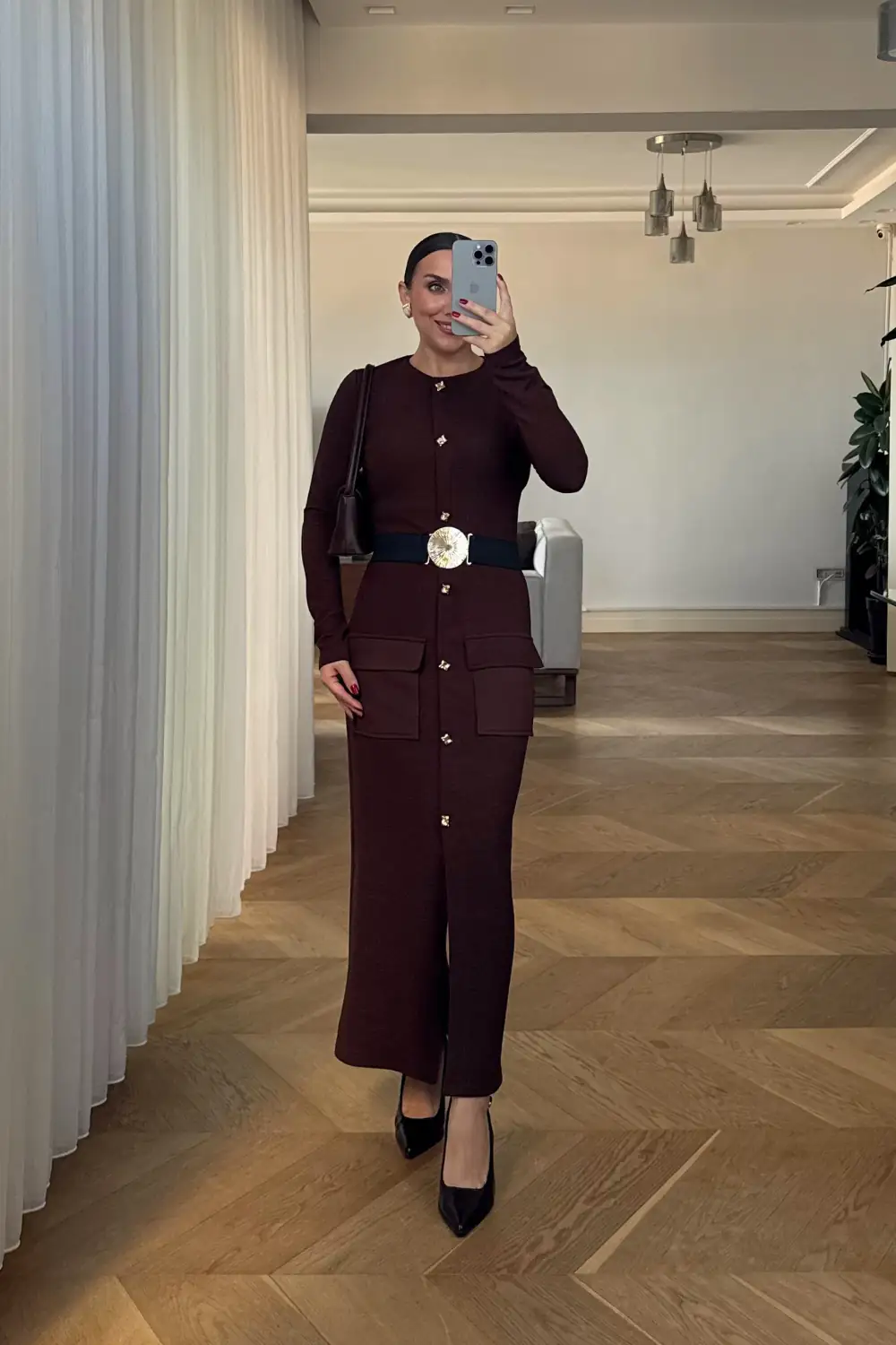 Düğme detaylı Uzun Kollu Elbise 6