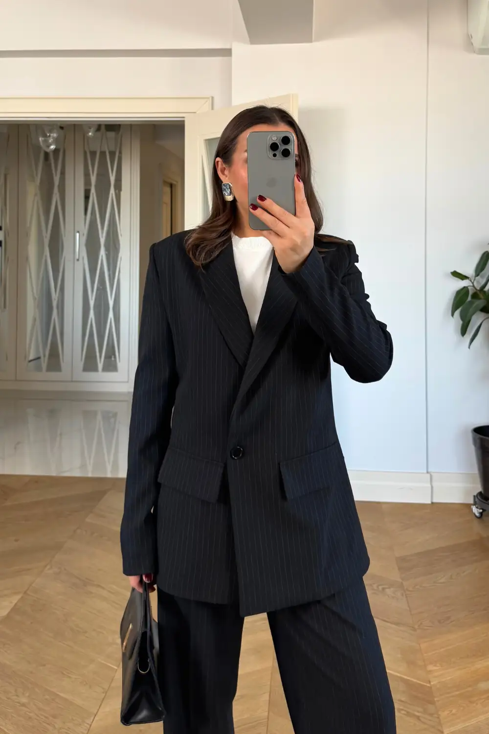 Kruvaze Çizgili Blazer Ceket Pantolon Kadın Takım - SİYAH