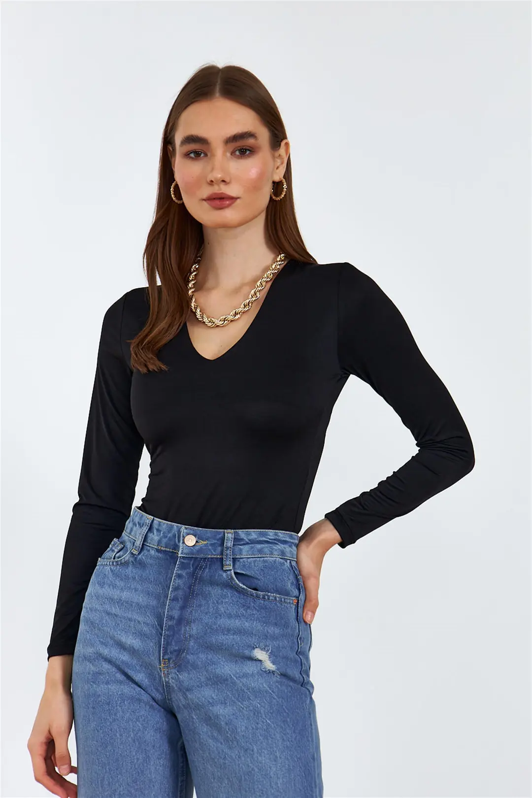 V Yaka Uzun Kollu Body Suit