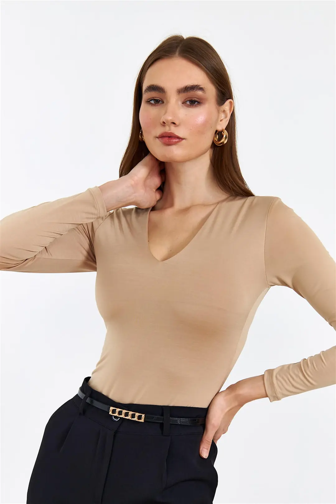 V Yaka Uzun Kollu Body Suit - Camel
