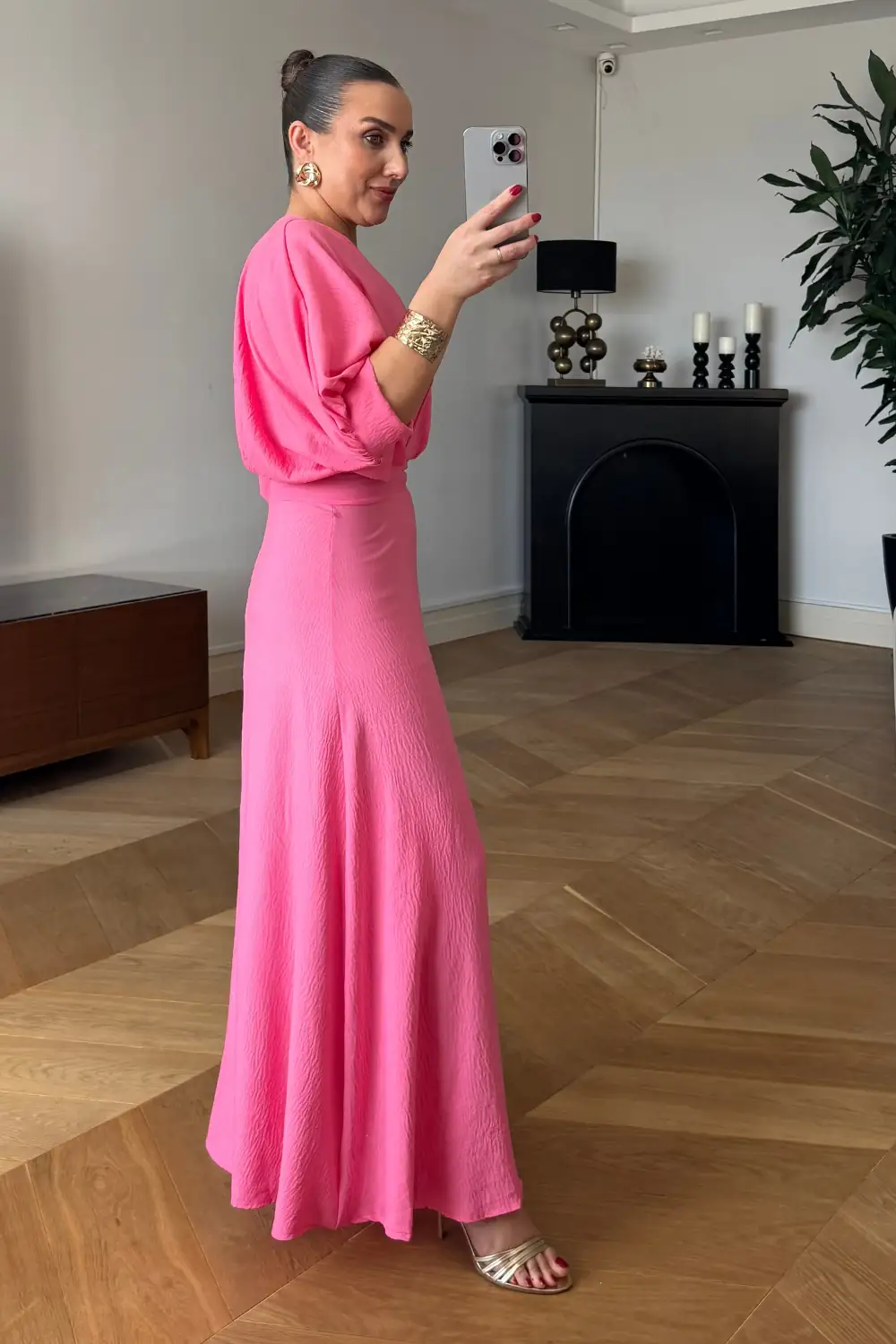 V Yaka Kısa Kollu Uzun Elbise - Koyu Pembe