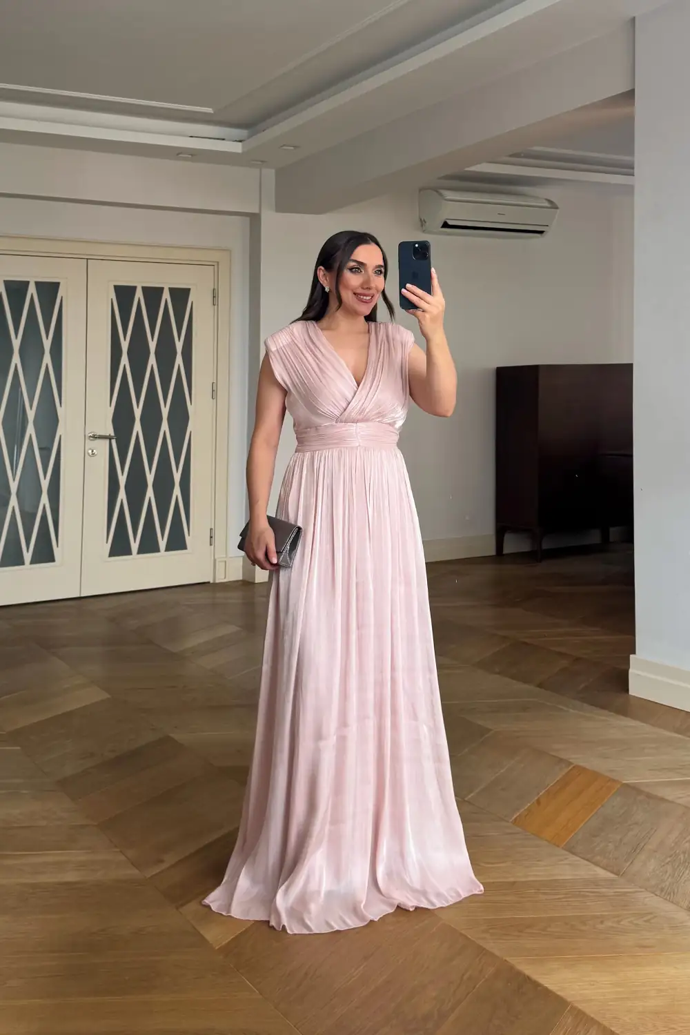 Kruvaze Yaka Sıfır Kol Uzun Elbise - Pudra Pembe