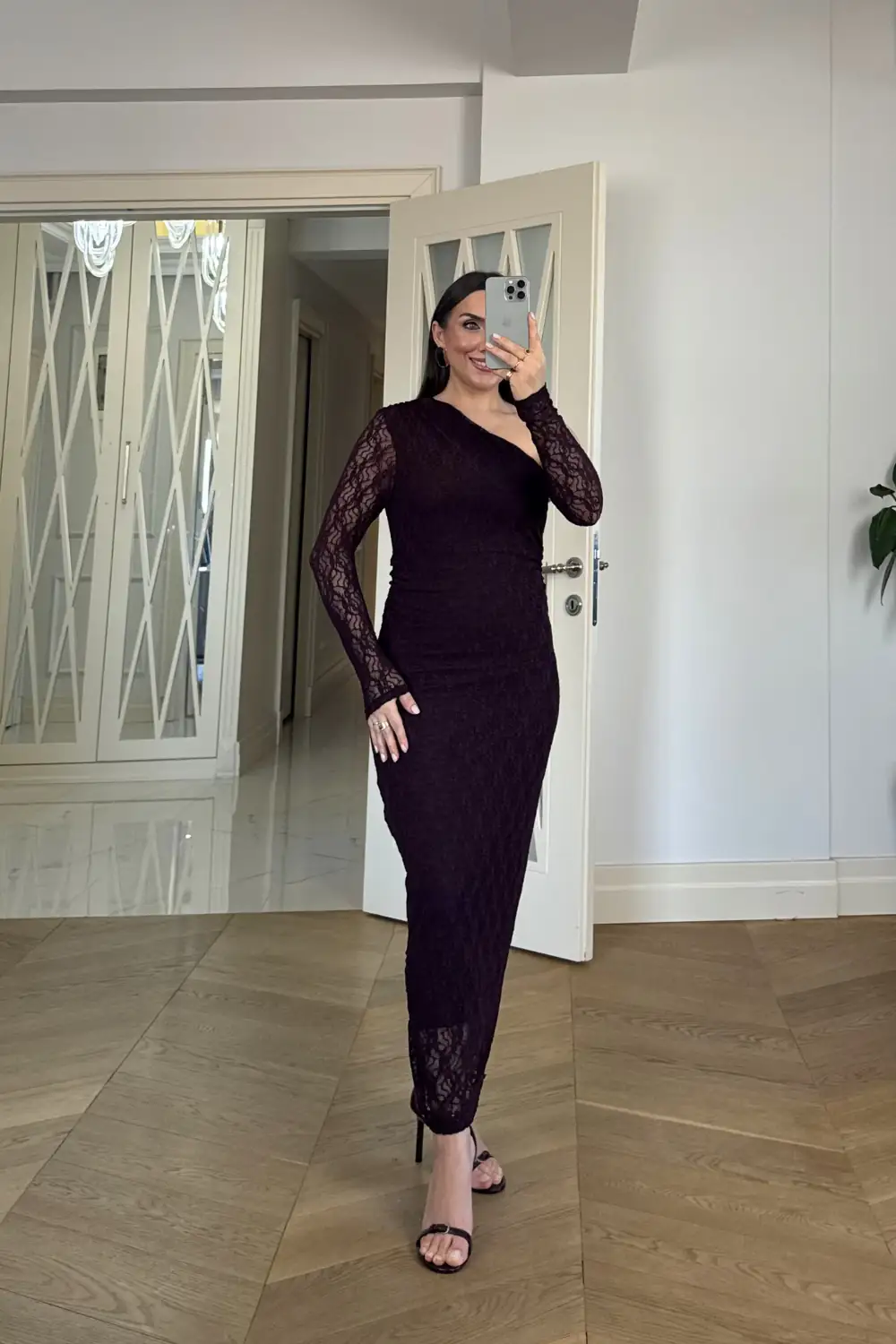 Asimetrik Yaka Dantel Midi Elbise - BORDO