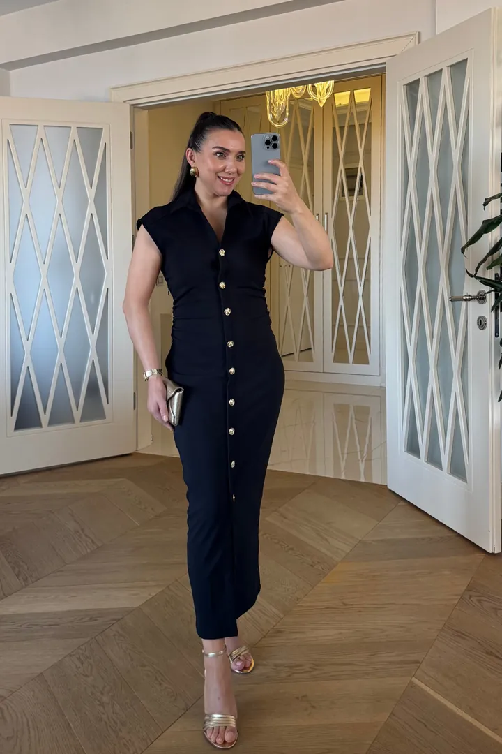 Sıfır Kol Beli Büzgülü Midi Elbise 1