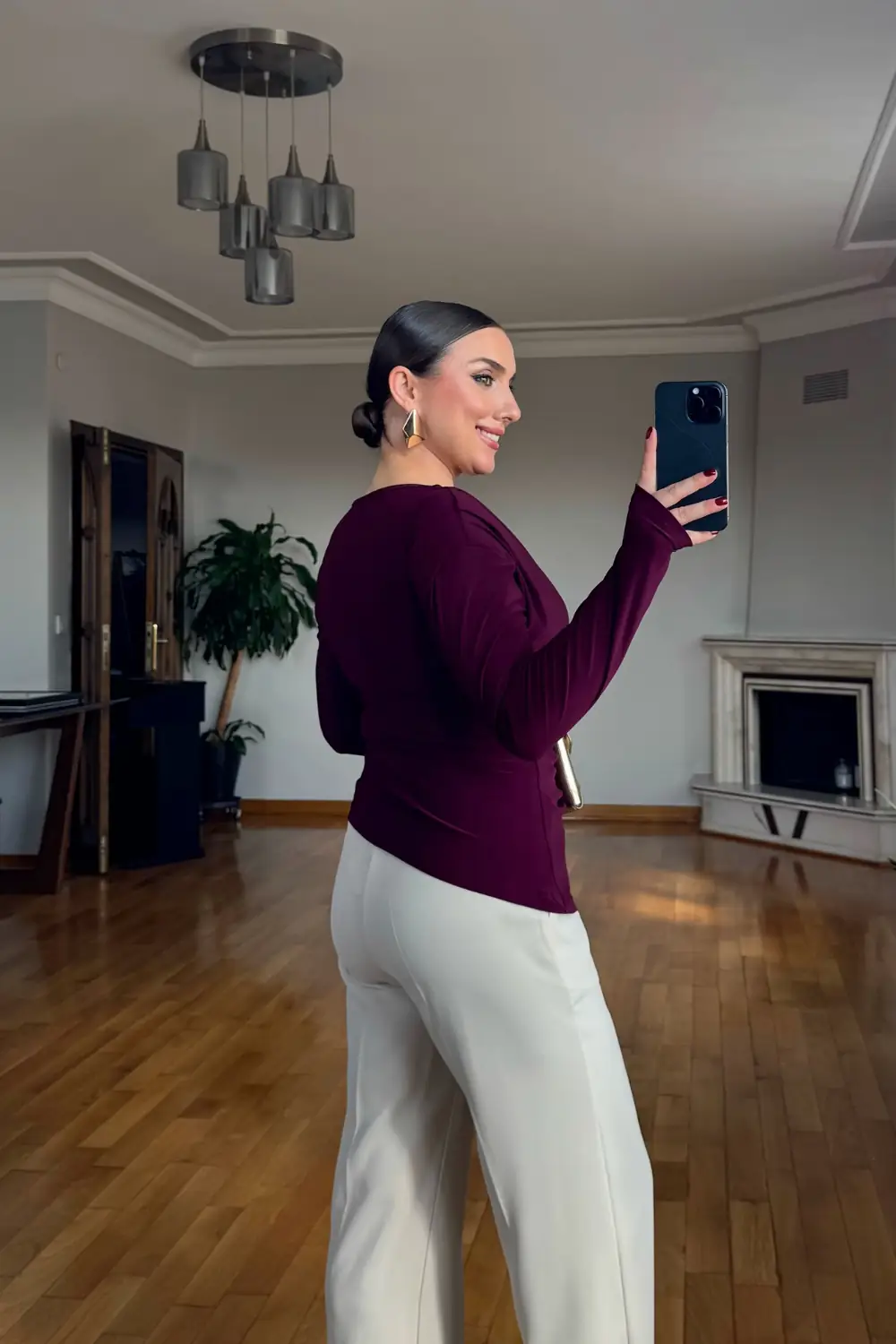 Vatkalı Drape Detaylı Uzun Kollu Bluz - Mürdüm