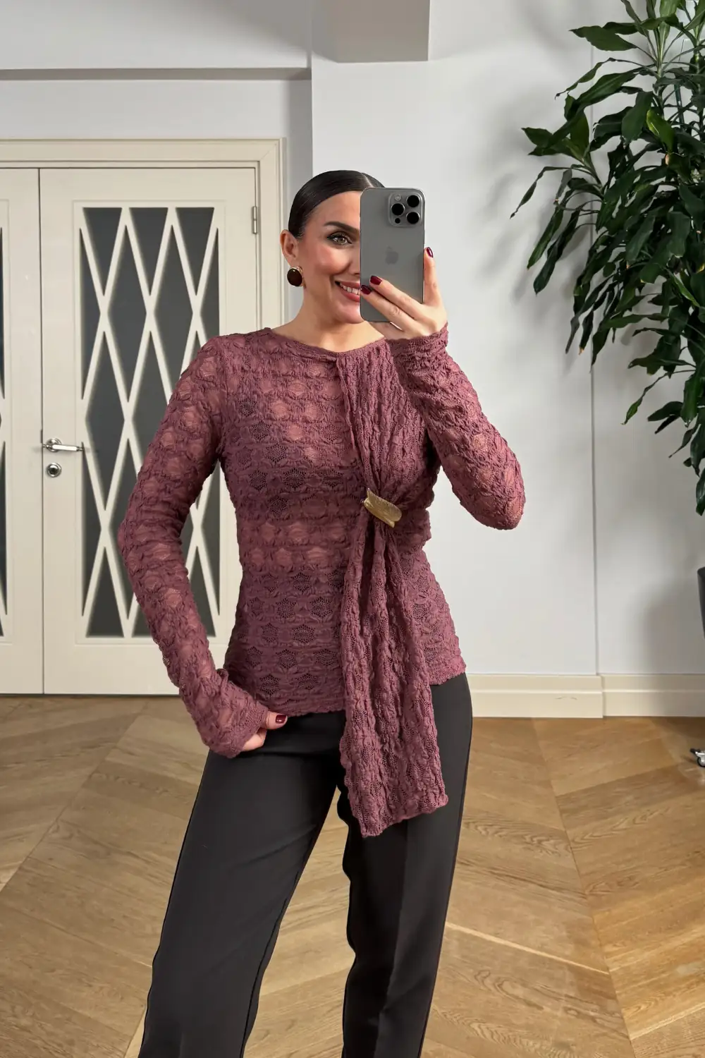 Transparan Uzun Kollu Şal Yaka Bluz 6