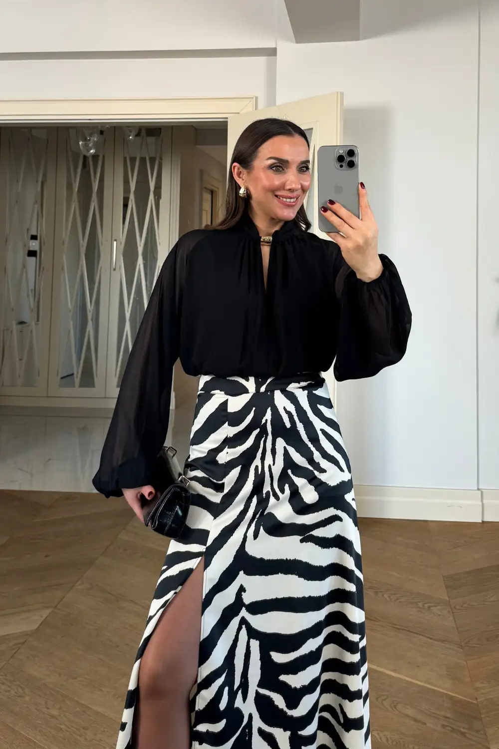 Zebra Desenli Yırtmaçlı Uzun Etek 4