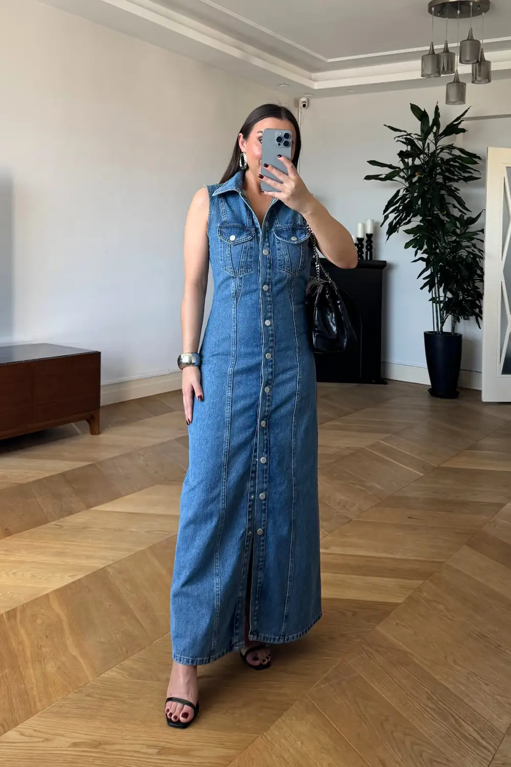 Sıfır Kol Denim Uzun Gömlek Elbise 4