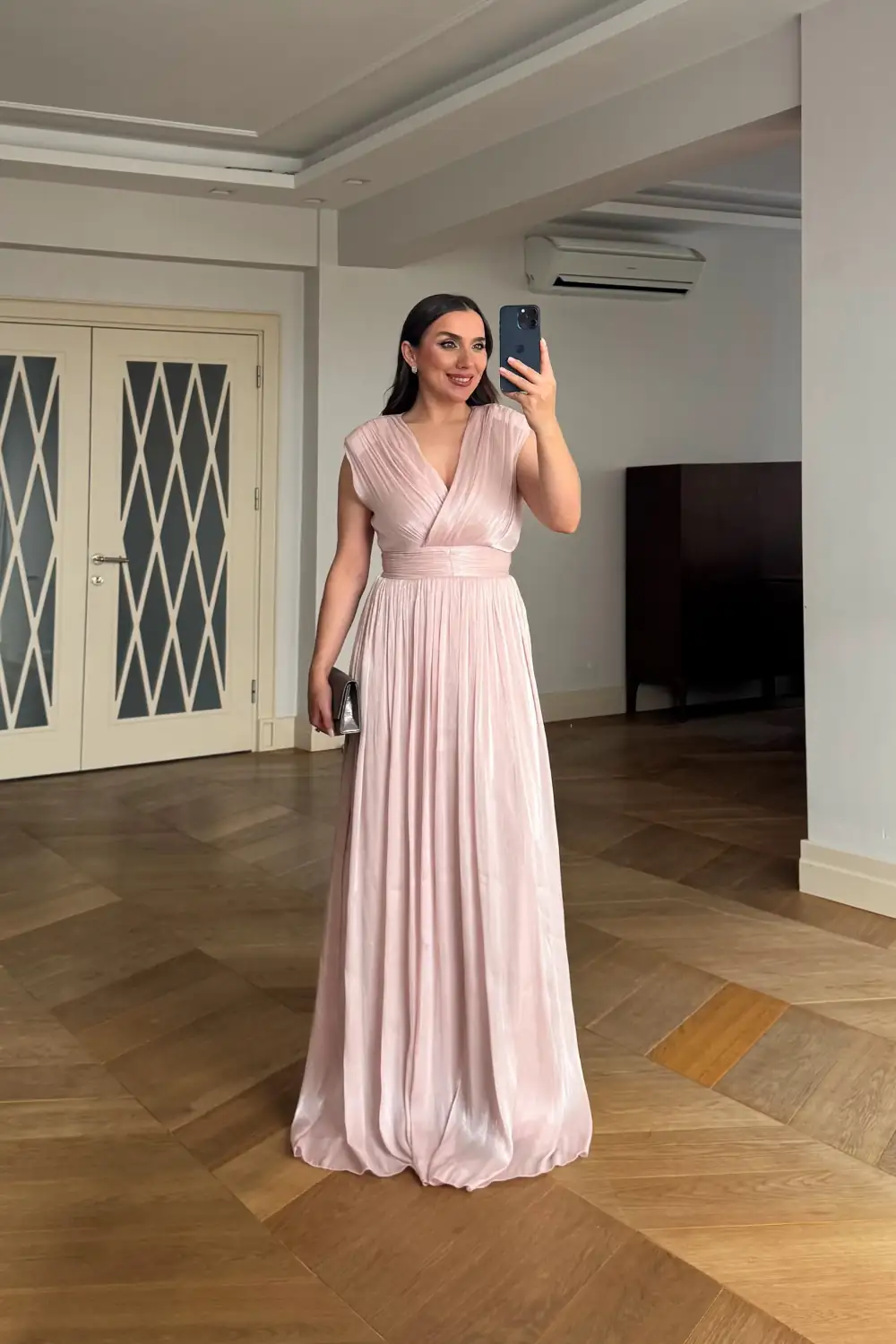 Kruvaze Yaka Sıfır Kol Uzun Elbise - Pudra Pembe