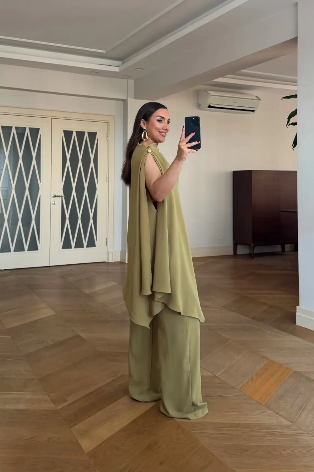Asimetrik Kesim Bluz Pantolon Takım - Yağ Yeşil