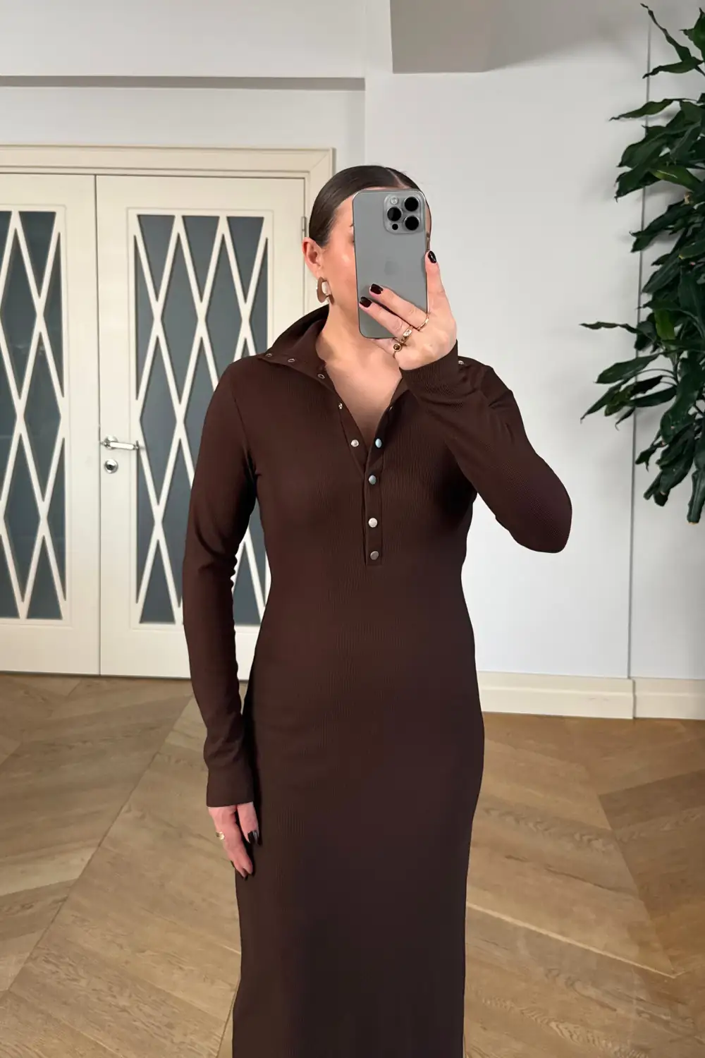 Fitilli Dik Yaka  Uzun Kollu Uzun Elbise 5