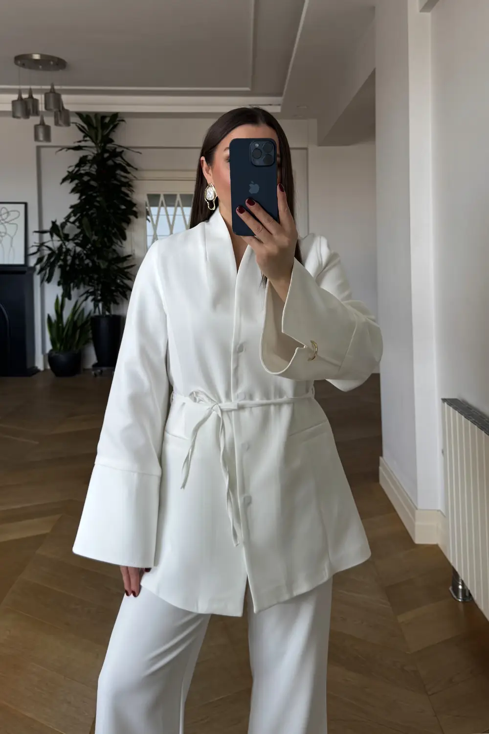 Dik Yaka Blazer Ceket Pantolon Kadın Takım - Beyaz