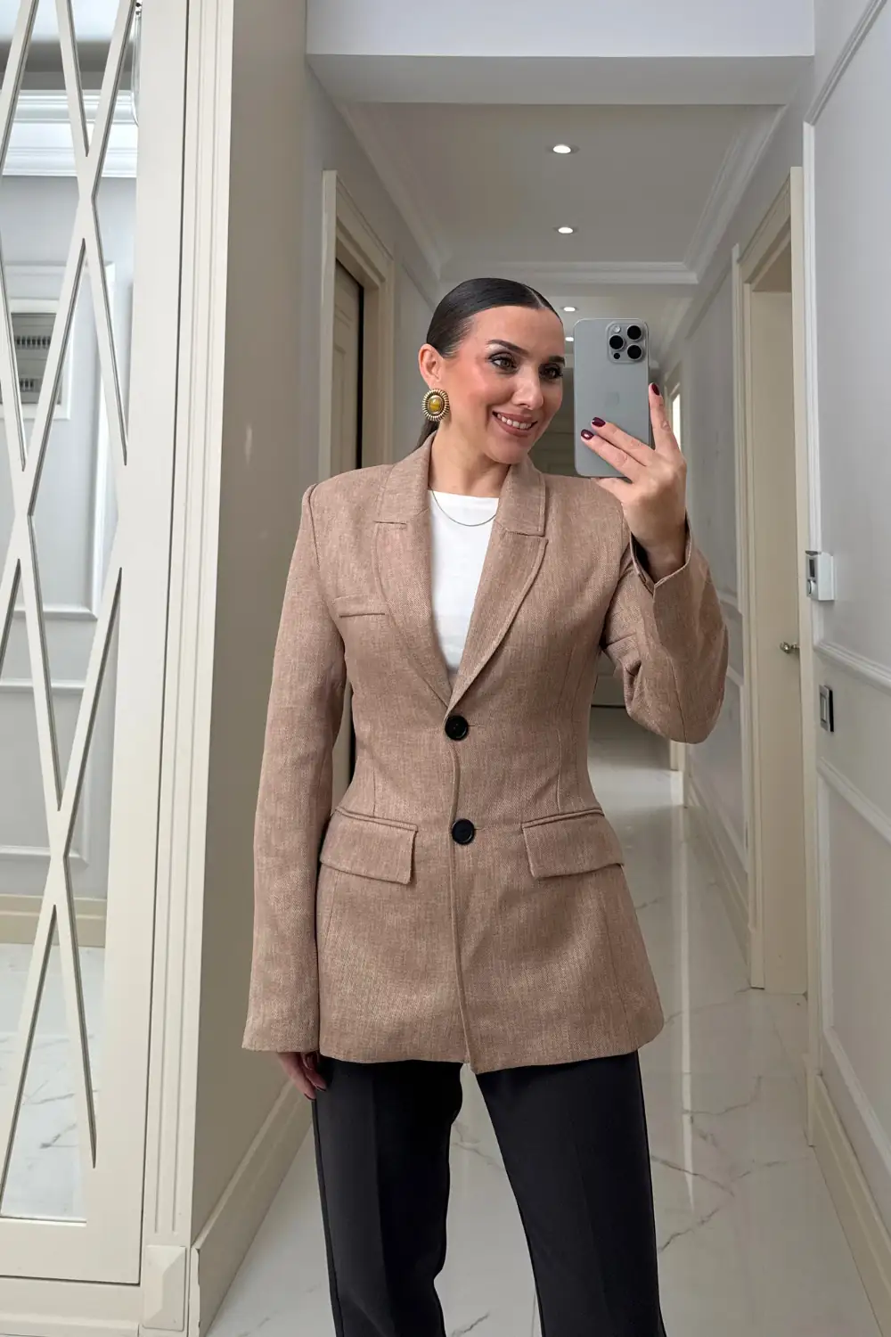 Vücuda Oturan Blazer Kadın Ceket - Vizon