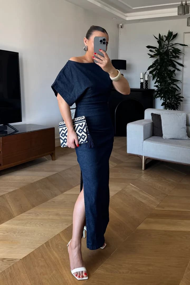 Drape Detaylı Likralı Midi Denim Elbise - Lacivert