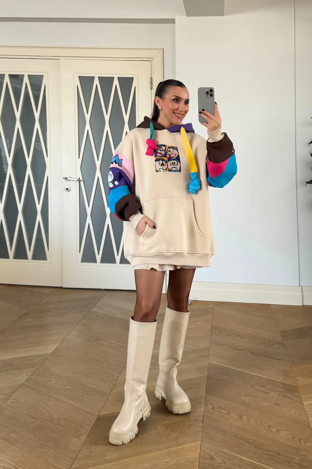 Oversize Kapüşonlu Kadın Sweatshirt - Bej