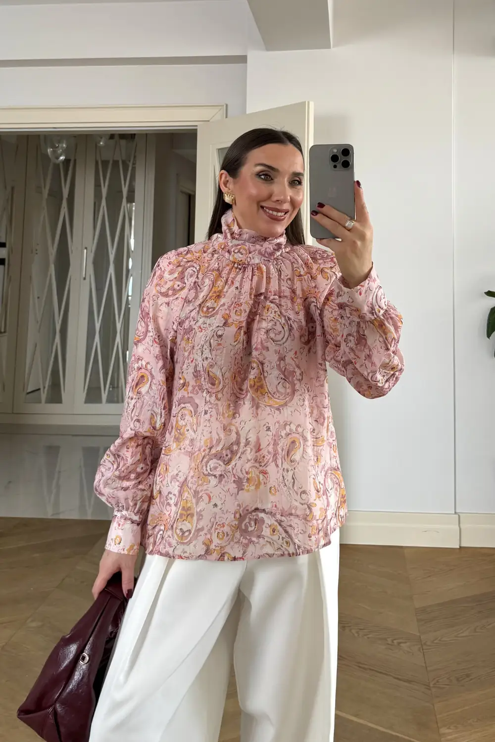 Desenli Şal Yaka Uzun Kollu Bluz - Pembe