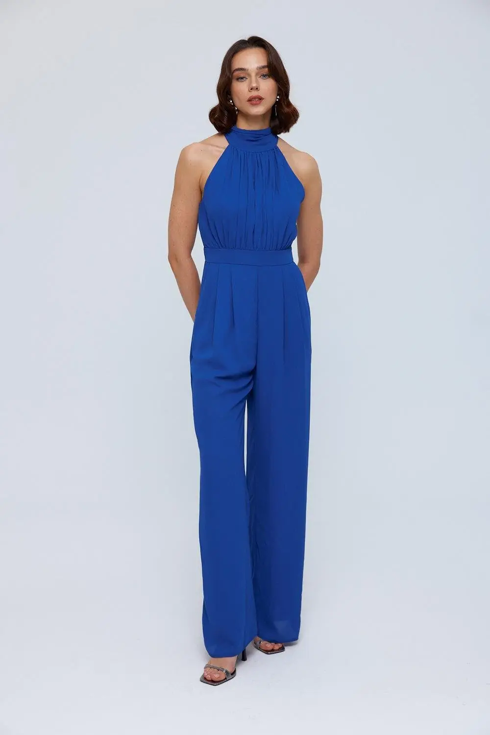 Halter Yaka Uzun Kadın Tulum - SAKS MAVİ