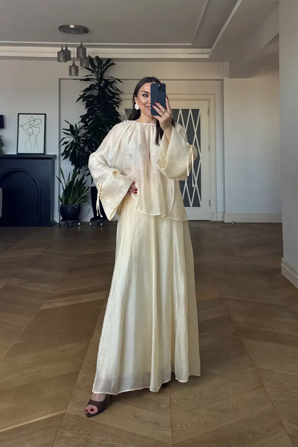 Büzgü Detaylı Bluz Etek Tencel Takım - Sarı