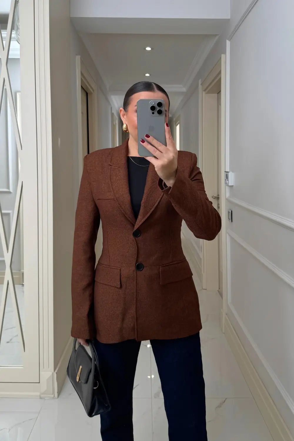 Vücuda Oturan Blazer Kadın Ceket - Kahverengi