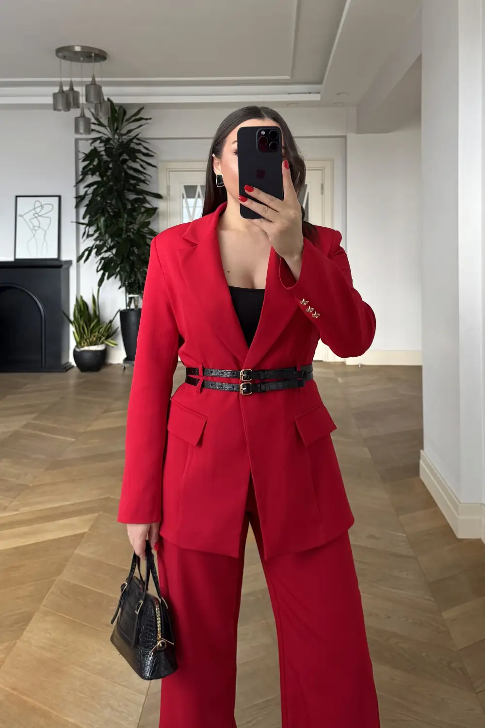 Çift Kemerli Blazer Ceket Pantolon Kadın Takım