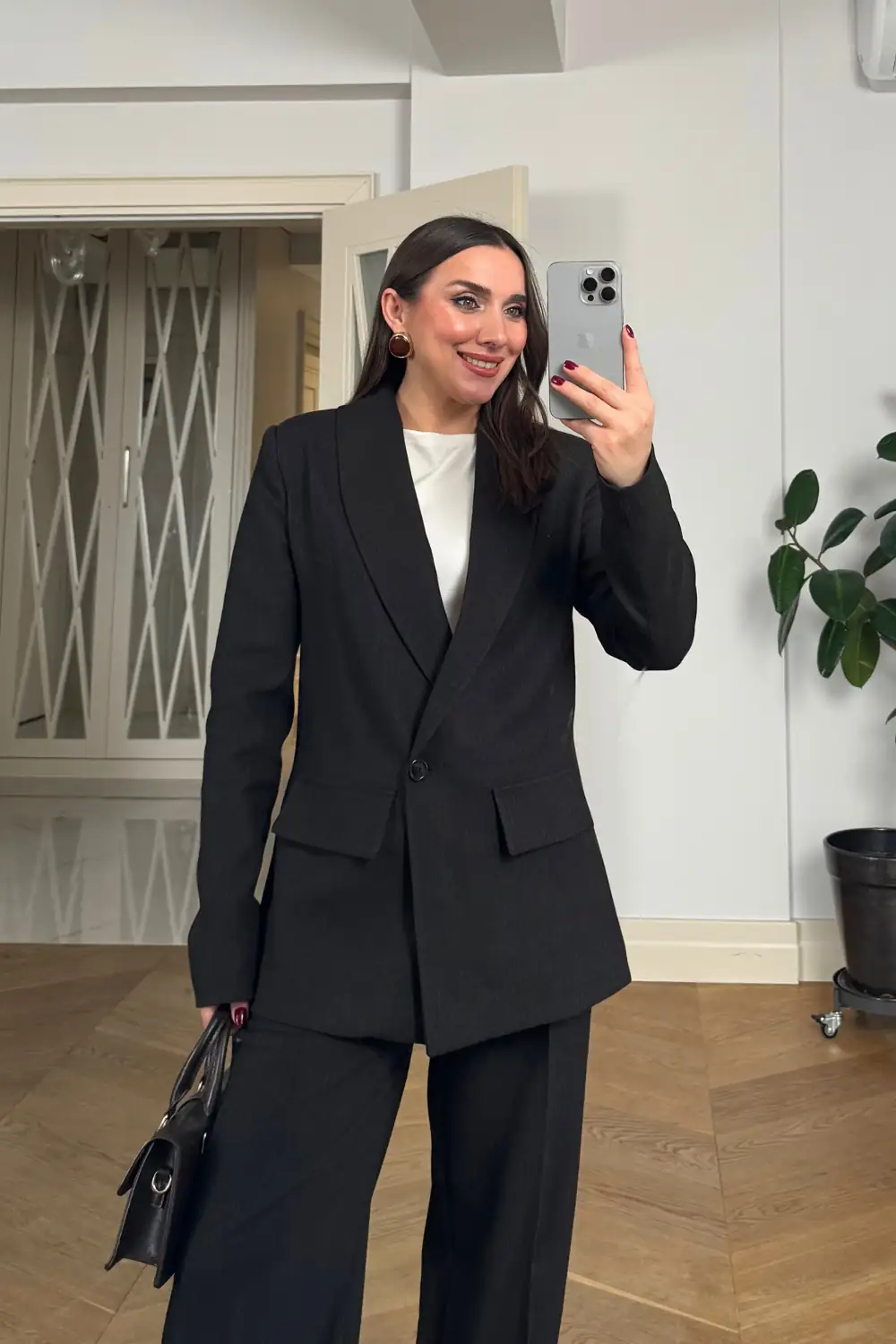 Kruvaze Çizgili Blazer Ceket Pantolon Kadın Takım - Koyu Kahverengi