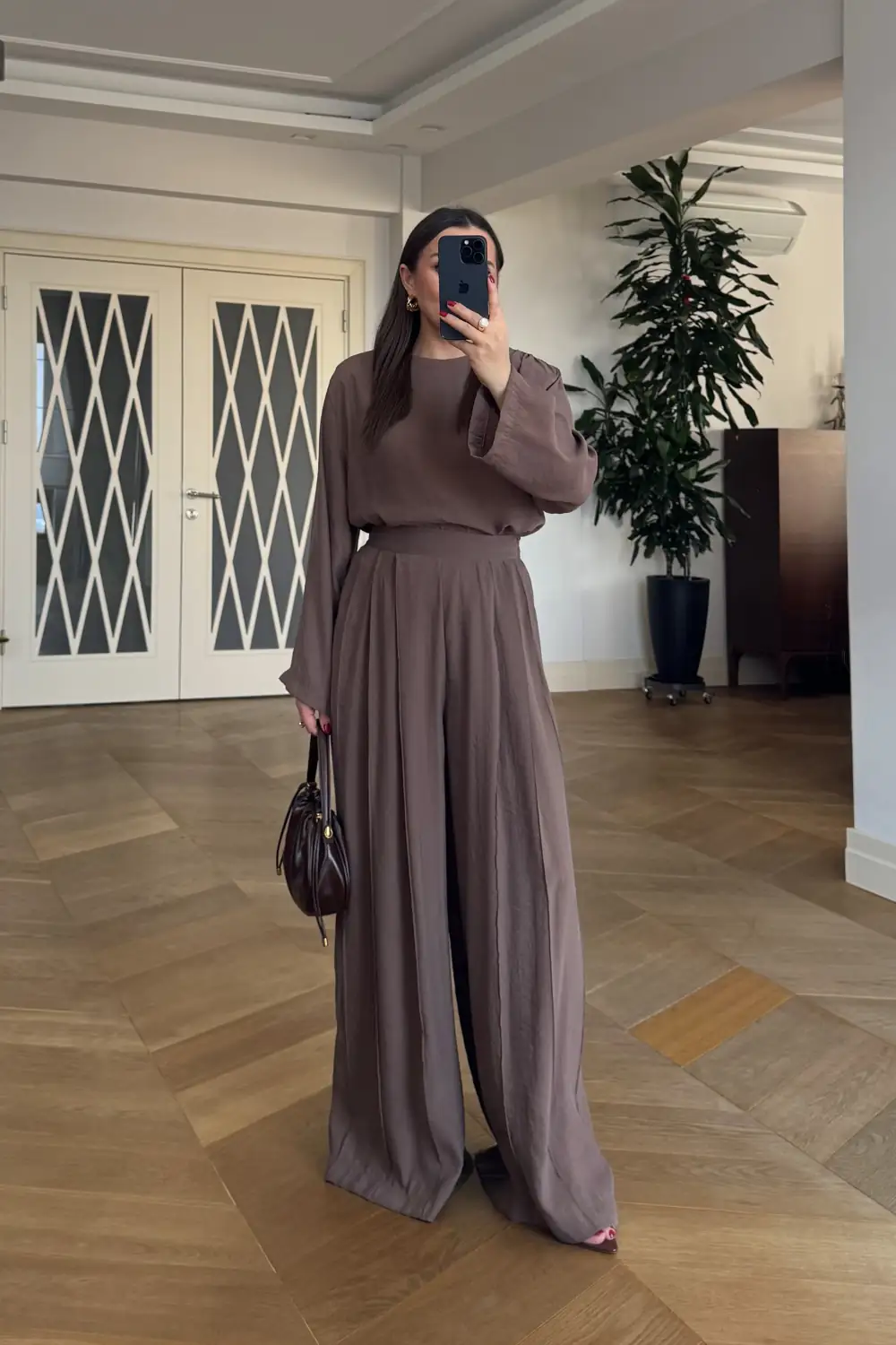 Pile Detaylı Bluz Pantolon Takım - Kahverengi