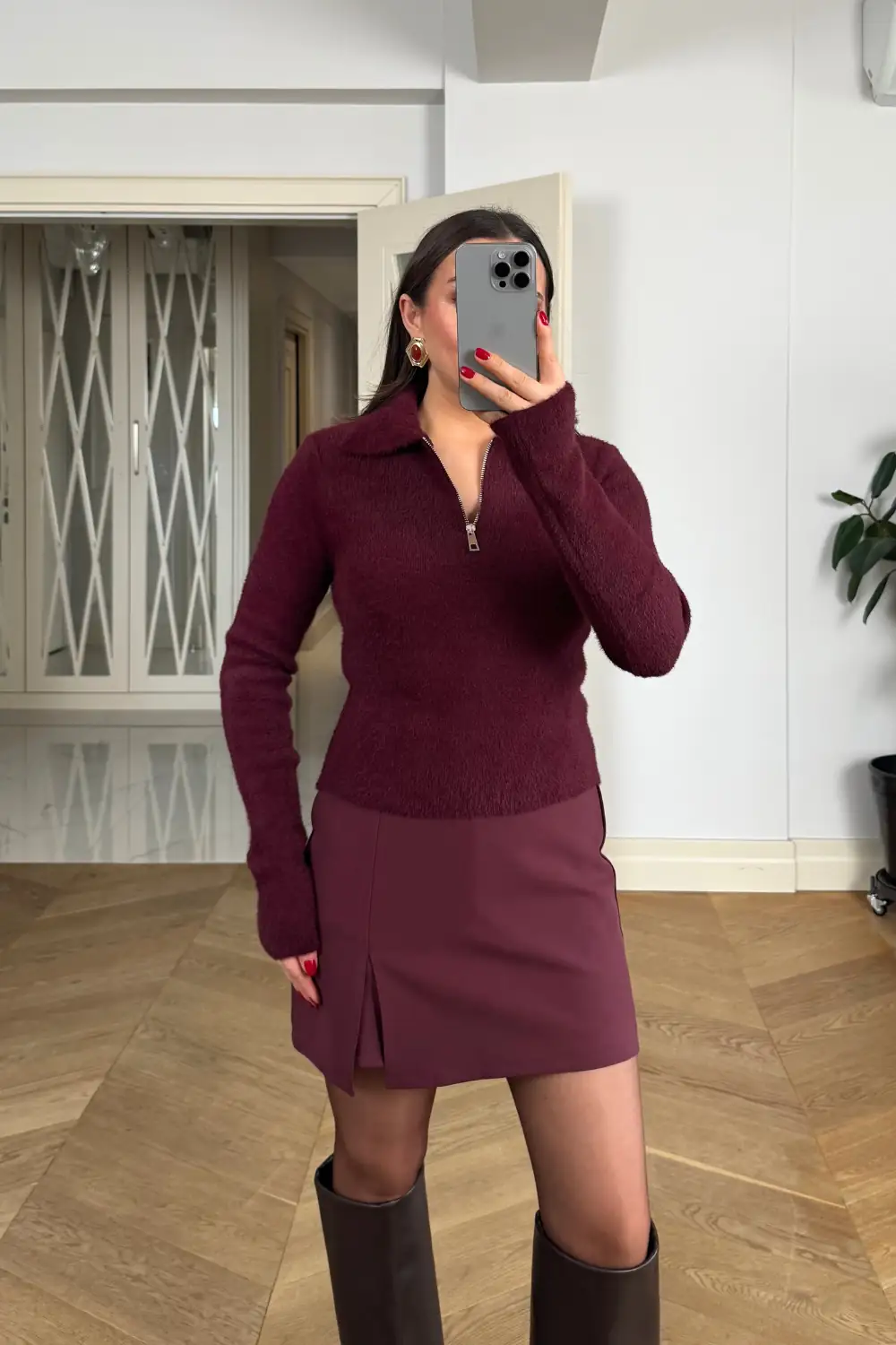 Polo Yaka Fermuarlı Triko Kadın Kazak 2