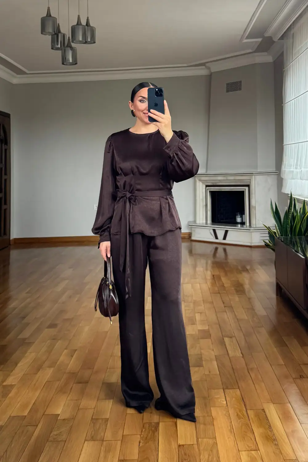 Saten Kuşaklı Bluz Pantolon Takım - Acı Kahve