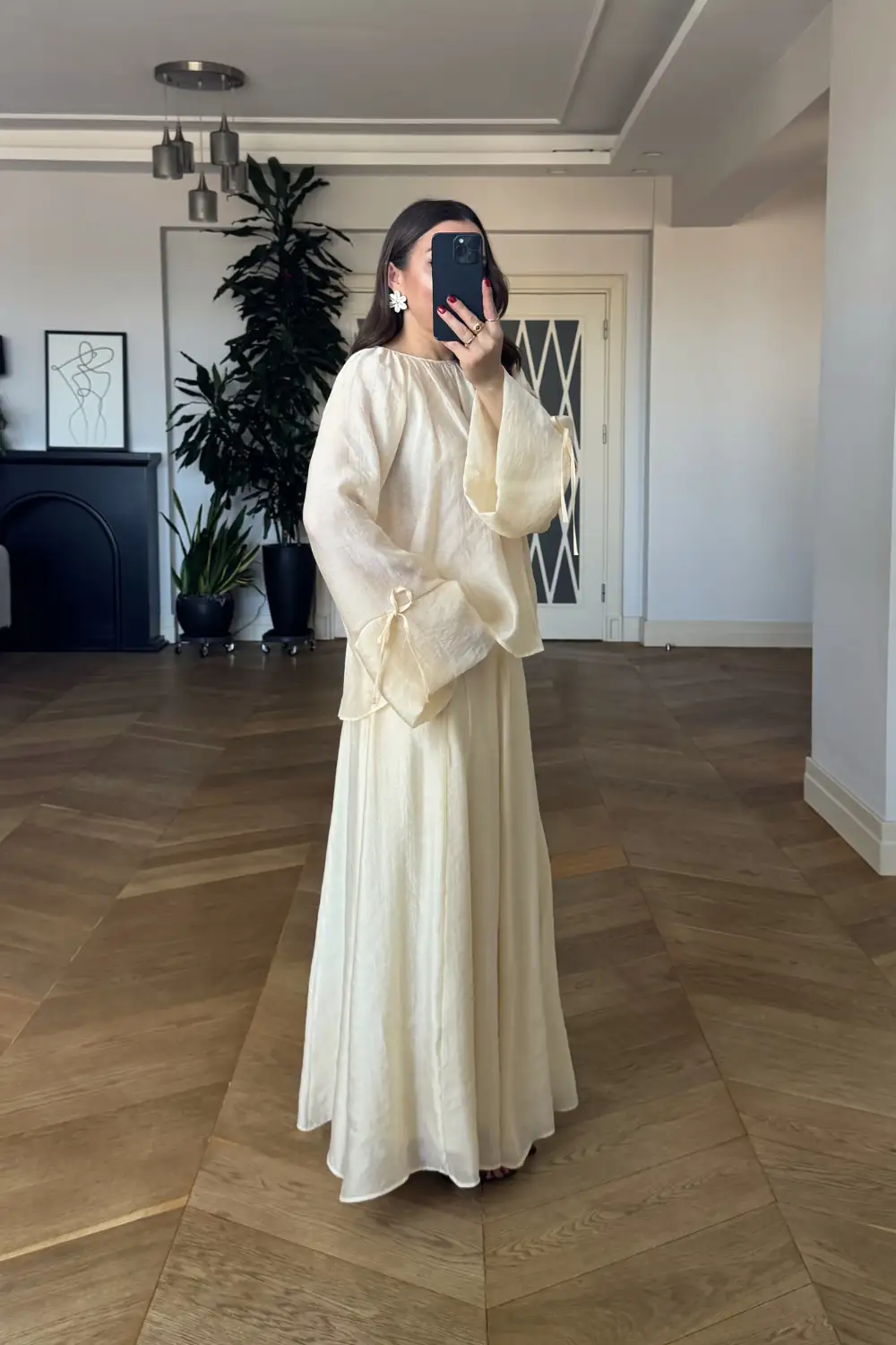 Büzgü Detaylı Bluz Etek Tencel Takım - Sarı