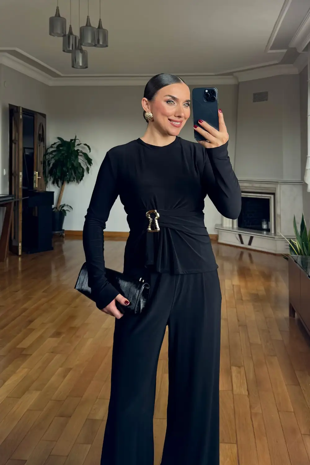 Toka Detaylı Bluz Pantolon Kadın Takım - SİYAH