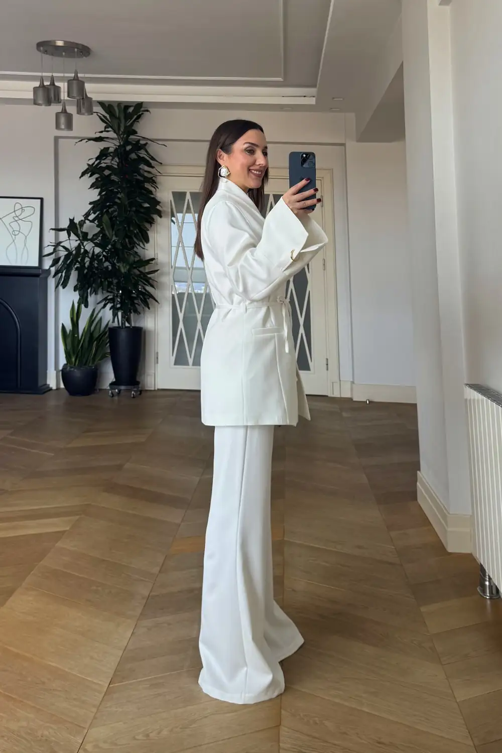 Dik Yaka Blazer Ceket Pantolon Kadın Takım - Beyaz