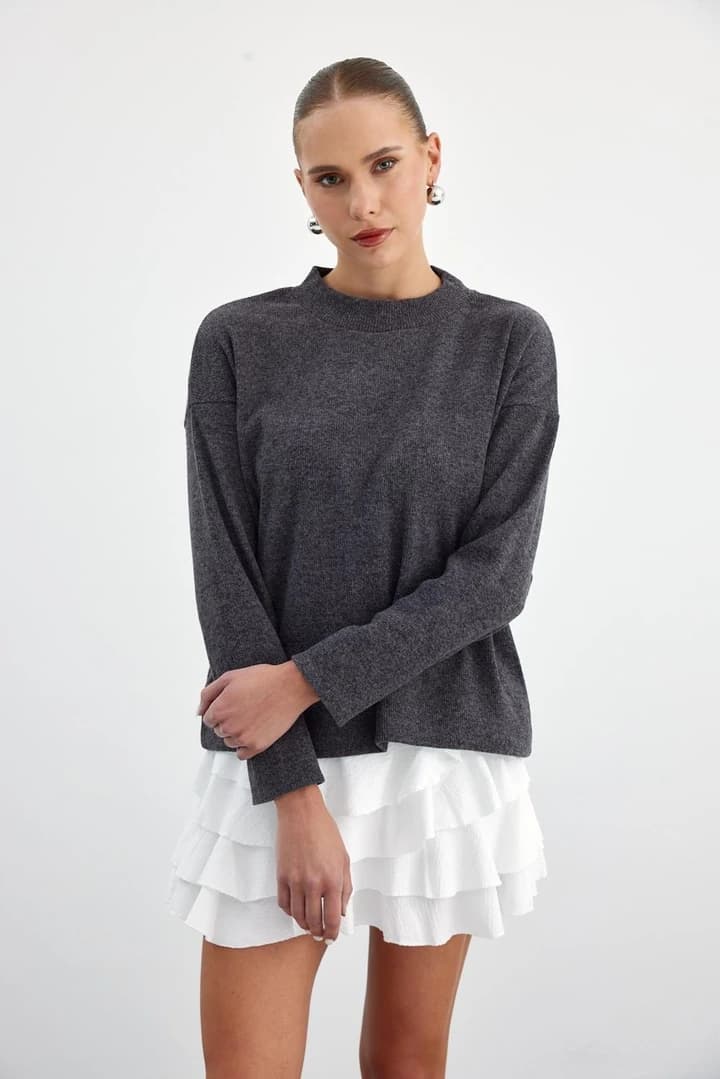 Yumuşak Dokulu Yarım Balıkçı Kadın Sweatshirt - Antrasit
