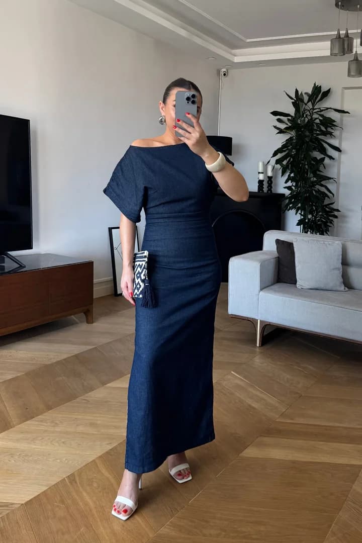 Drape Detaylı Likralı Midi Denim Elbise - Lacivert
