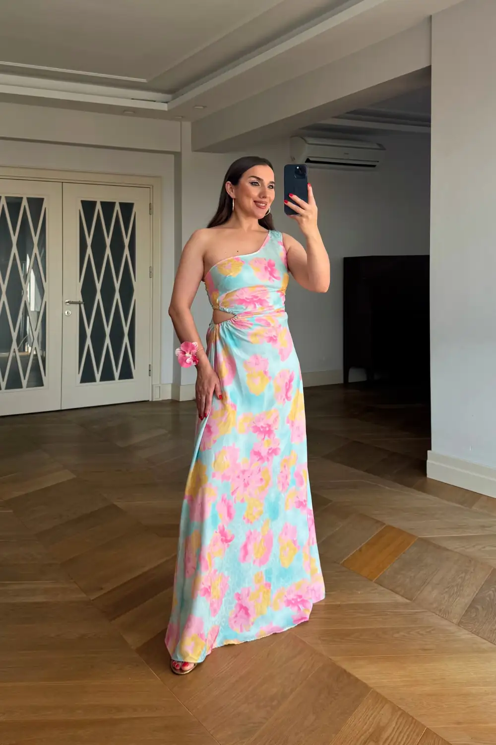 Desenli Bel Dekolteli Uzun Elbise - Pudra Pembe